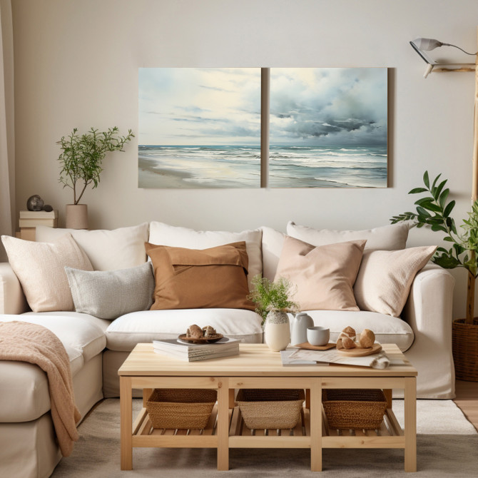 Díptico decorativo “Playa en Calma” con vista del mar y cielo nublado, ideal para crear ambientes relajantes y sofisticados.