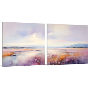 Díptico de paisaje abstracto con tonos lavanda, violetas y naranjas al amanecer- Cuadrostock