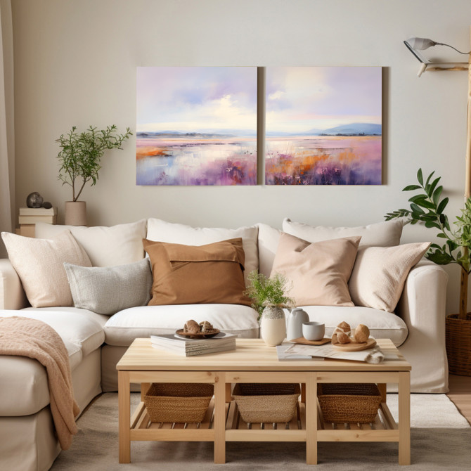 Díptico de paisaje abstracto con tonos lavanda, violetas y naranjas al amanecer- Cuadrostock