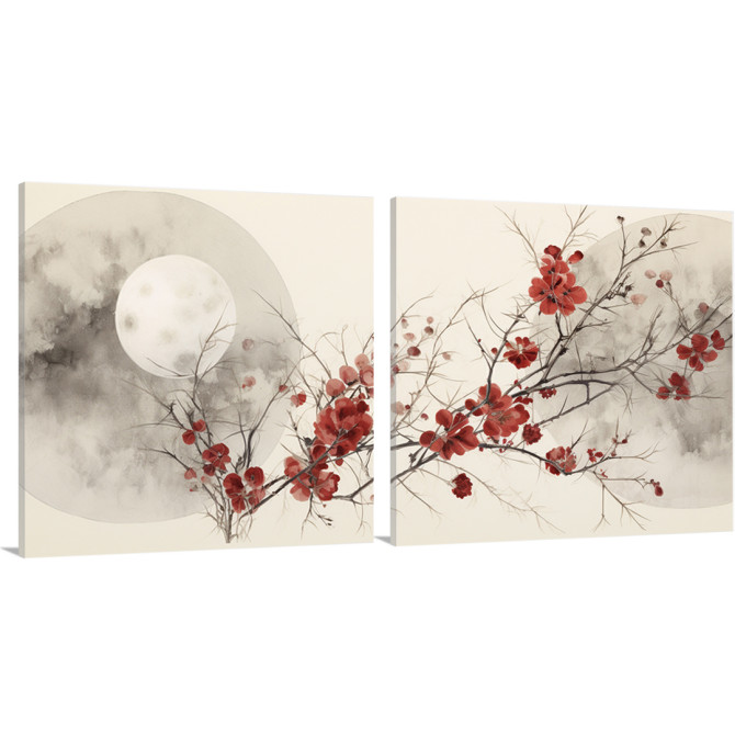 Díptico con luna llena y ramas de flores rojas en estilo oriental- Cuadrostock