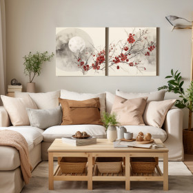 Díptico con luna llena y ramas de flores rojas en estilo oriental- Cuadrostock