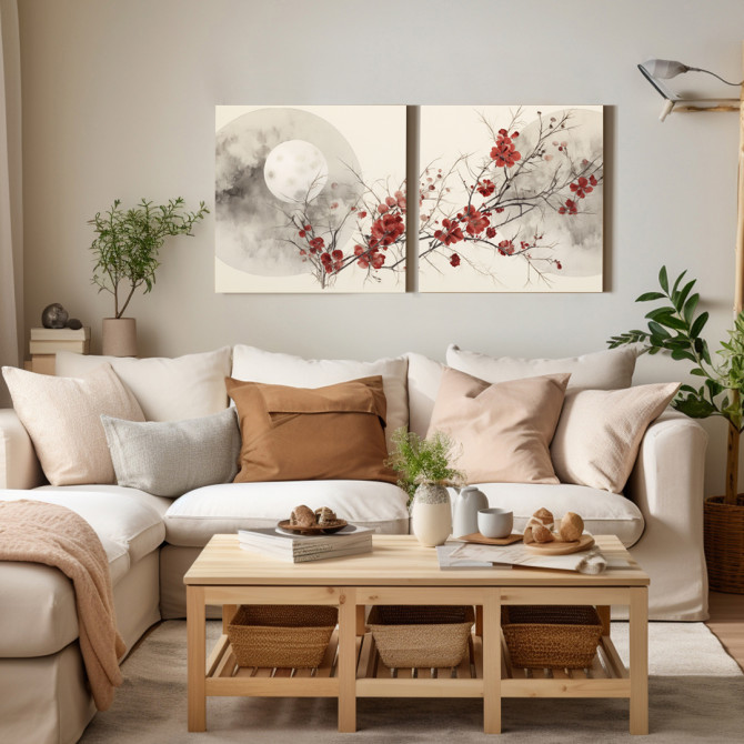 Díptico con luna llena y ramas de flores rojas en estilo oriental- Cuadrostock