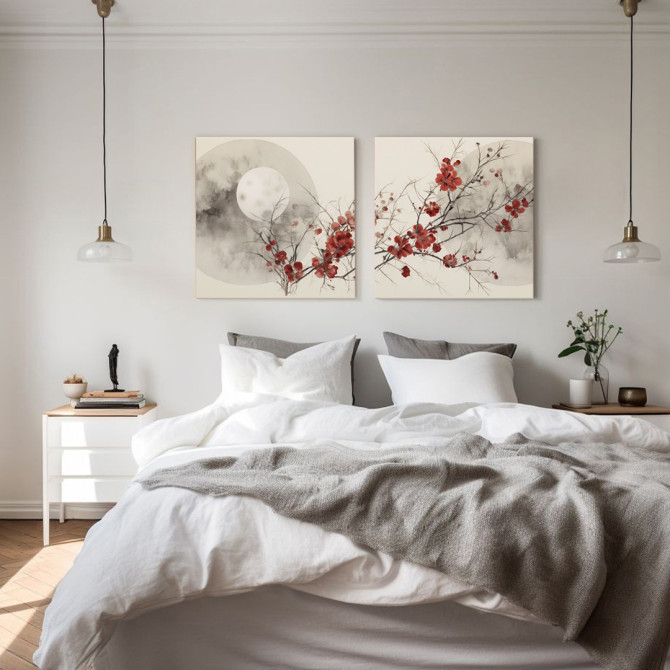 Díptico con luna llena y ramas de flores rojas en estilo oriental- Cuadrostock