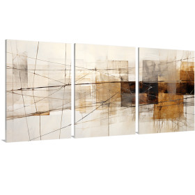 Tríptico abstracto moderno con formas geométricas superpuestas en tonos beige, marrón y negro