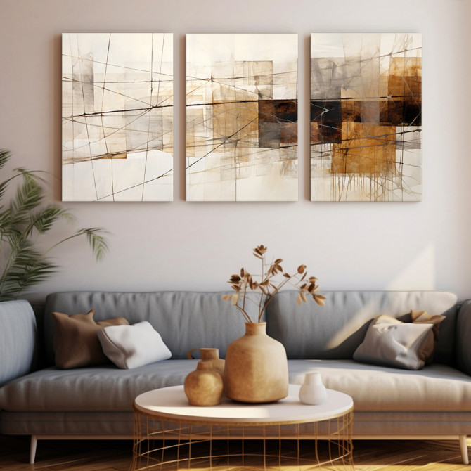 Tríptico abstracto moderno con formas geométricas superpuestas en tonos beige, marrón y negro