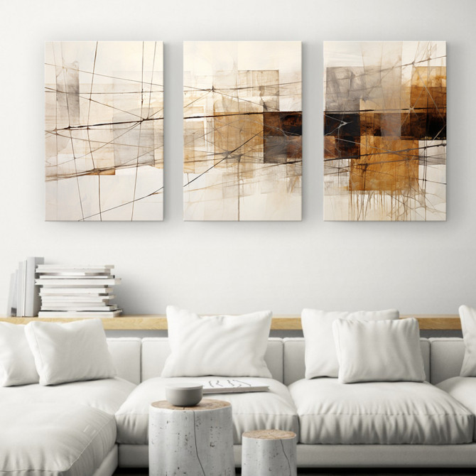 Tríptico abstracto moderno con formas geométricas superpuestas en tonos beige, marrón y negro