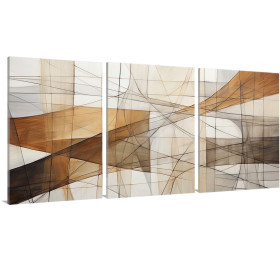 Cuadro abstracto tríptico en tonos beige, marrón y blanco con líneas geométricas y movimiento fluido