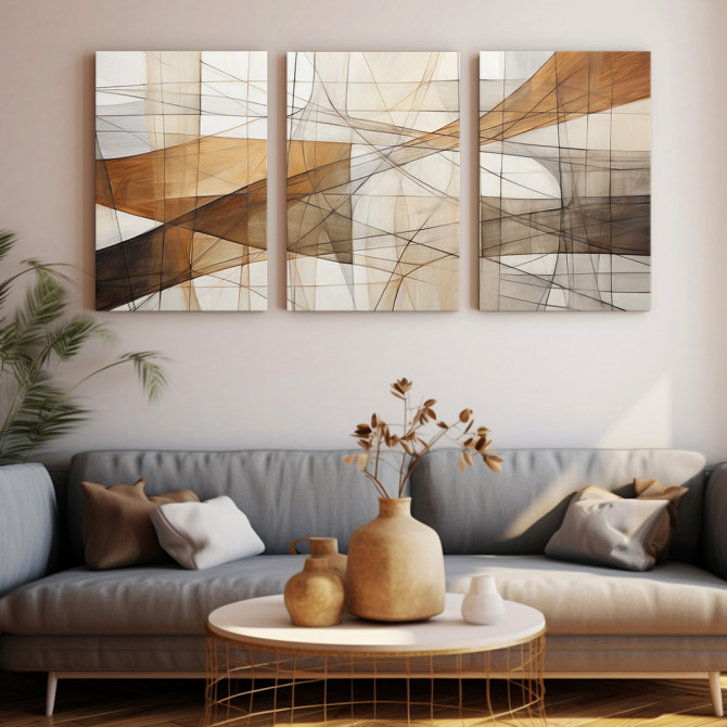 Cuadro abstracto tríptico en tonos beige, marrón y blanco con líneas geométricas y movimiento fluido