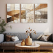 Cuadro abstracto tríptico en tonos beige, marrón y blanco con líneas geométricas y movimiento fluido