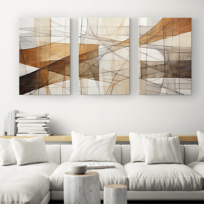 Cuadro abstracto tríptico en tonos beige, marrón y blanco con líneas geométricas y movimiento fluido