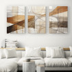 Cuadro abstracto tríptico en tonos beige, marrón y blanco con líneas geométricas y movimiento fluido