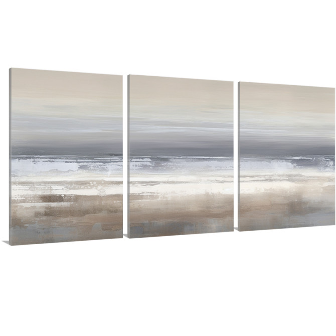 Tríptico decorativo abstracto en tonos grises, beige y blanco inspirado en un paisaje costero Tríptico decorativo abstracto en tonos grises, beige y blanco inspirado en un paisaje costero
