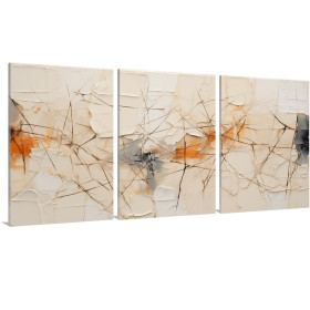 Tríptico decorativo con textura en tonos beige, naranja y negro, arte abstracto moderno