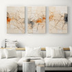 Tríptico decorativo con textura en tonos beige, naranja y negro, arte abstracto moderno