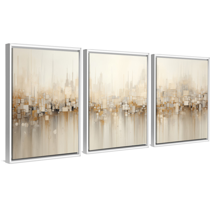 Cuadro decorativo abstracto tríptico con formas geométricas en tonos beige, blanco y dorado, estilo urbano moderno
