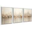 Cuadro decorativo abstracto tríptico con formas geométricas en tonos beige, blanco y dorado, estilo urbano moderno