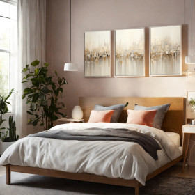 Cuadro decorativo abstracto tríptico con formas geométricas en tonos beige, blanco y dorado, estilo urbano moderno