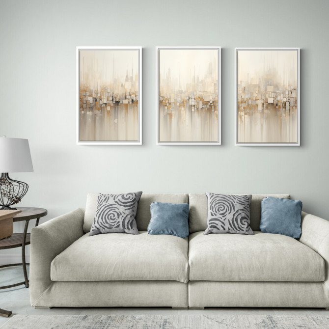 Cuadro decorativo abstracto tríptico con formas geométricas en tonos beige, blanco y dorado, estilo urbano moderno