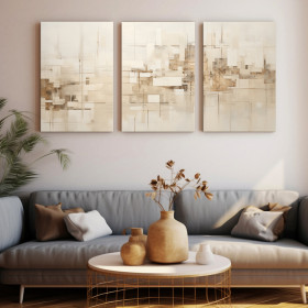 Juego de 3 cuadros abstractos neutros en beige, crema y blanco roto