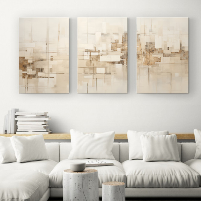Juego de 3 cuadros abstractos neutros en beige, crema y blanco roto