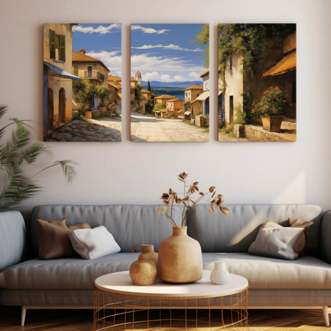Tríptico con paisaje  en tonos suaves ideal para crear un ambiente relajante-Cuadrostock