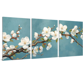 Tríptico floral con ramas de cerezo en flor sobre fondo azul turquesa. - Cuadrostock