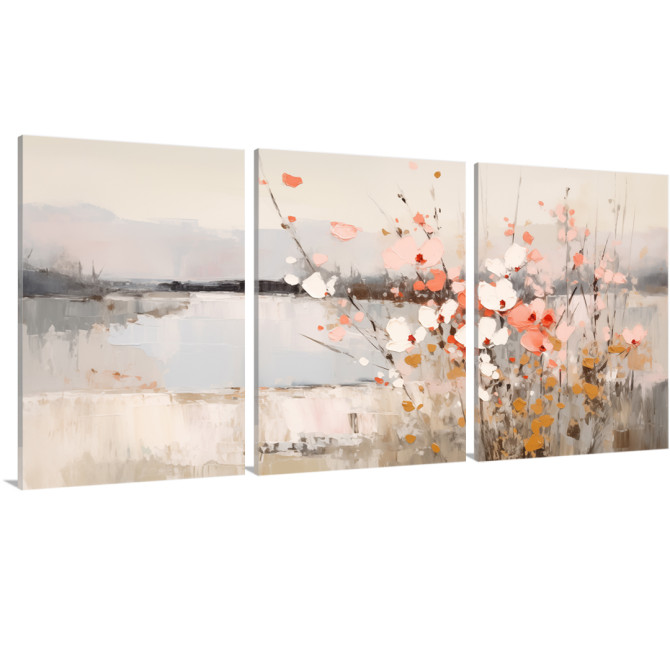 Tríptico decorativo “Rosa Serena” con flores abstractas en tonos rosa, blanco y ocre sobre paisaje acuático suave y brumoso. Tríptico decorativo “Rosa Serena” con flores abstractas en tonos rosa, blanco y ocre sobre paisaje acuático suave y brumoso.