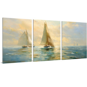 Tríptico decorativo de veleros navegando bajo la luz dorada del mar. - Cuadrostock