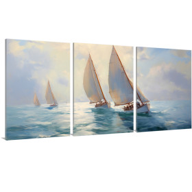 Tríptico marino con barcos de vela navegando en aguas tranquilas, tonos azules y cielos luminosos-Cuadrostock