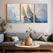 Tríptico marino con barcos de vela navegando en aguas tranquilas, tonos azules y cielos luminosos-Cuadrostock
