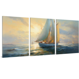Tríptico decorativo con un velero navegando al atardecer en tonos dorados y azules- Cuadrostock