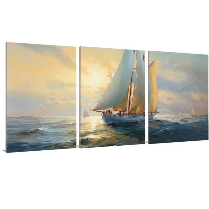 Tríptico decorativo con un velero navegando al atardecer en tonos dorados y azules- Cuadrostock