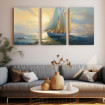 Tríptico decorativo con un velero navegando al atardecer en tonos dorados y azules- Cuadrostock