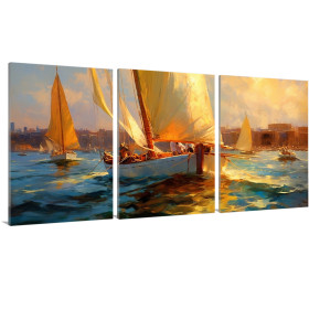Tríptico marino con veleros navegando en aguas brillantes bajo la intensa luz dorada del atardecer-Cuadrostock