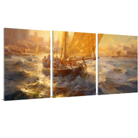 Tríptico marinero con veleros navegando entre olas bajo la luz dorada del atardecer urbano. - Cuadrostock