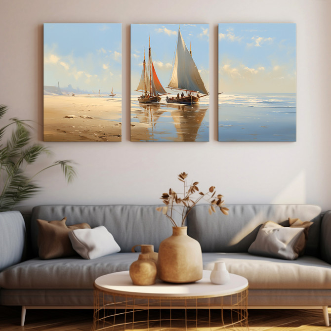 Tríptico decorativo barcos de vela en la orilla, ideal para dar un aire  relajante a tu hogar-Cuadrostock