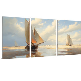 Tríptico decorativo con veleros en el mar bajo un cielo azul y nubes suaves.