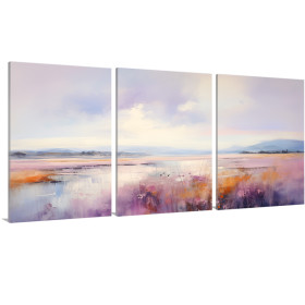 Tríptico de paisaje abstracto con tonos lavanda, violetas y naranjas al amanecer- Cuadrostock