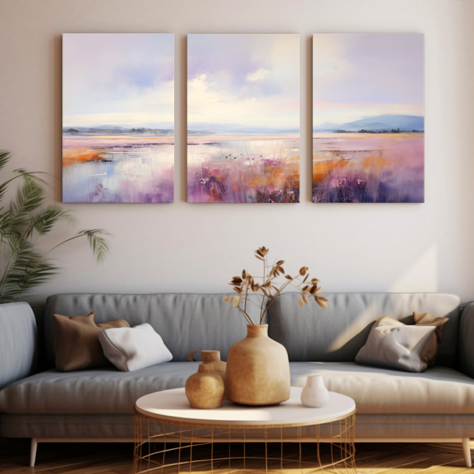 Tríptico de paisaje abstracto con tonos lavanda, violetas y naranjas al amanecer- Cuadrostock