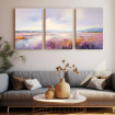 Tríptico de paisaje abstracto con tonos lavanda, violetas y naranjas al amanecer- Cuadrostock