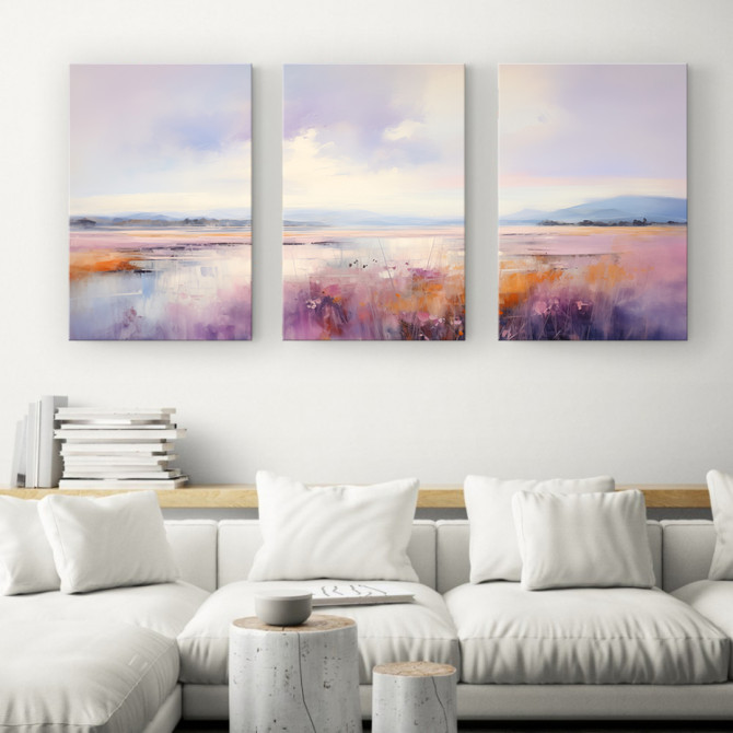 Tríptico de paisaje abstracto con tonos lavanda, violetas y naranjas al amanecer- Cuadrostock