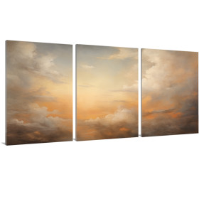 Tríptico abstracto de nubes y cielo en tonos cálidos, con matices dorados y anaranjados.