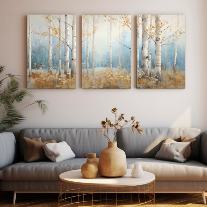 Tríptico decorativo con abedules en un bosque otoñal en tonos beige, azul y dorado.