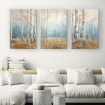 Tríptico decorativo con abedules en un bosque otoñal en tonos beige, azul y dorado.