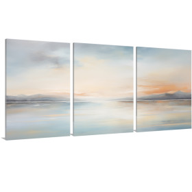 Tríptico decorativo con paisaje marino en tonos suaves azul, crema y naranja-Cuadrostock