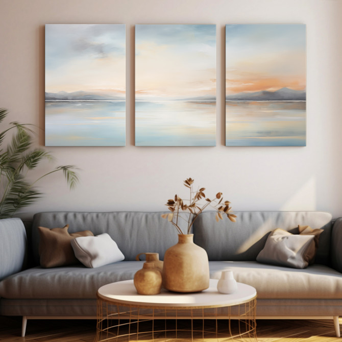 Tríptico decorativo con paisaje marino en tonos suaves azul, crema y naranja-Cuadrostock