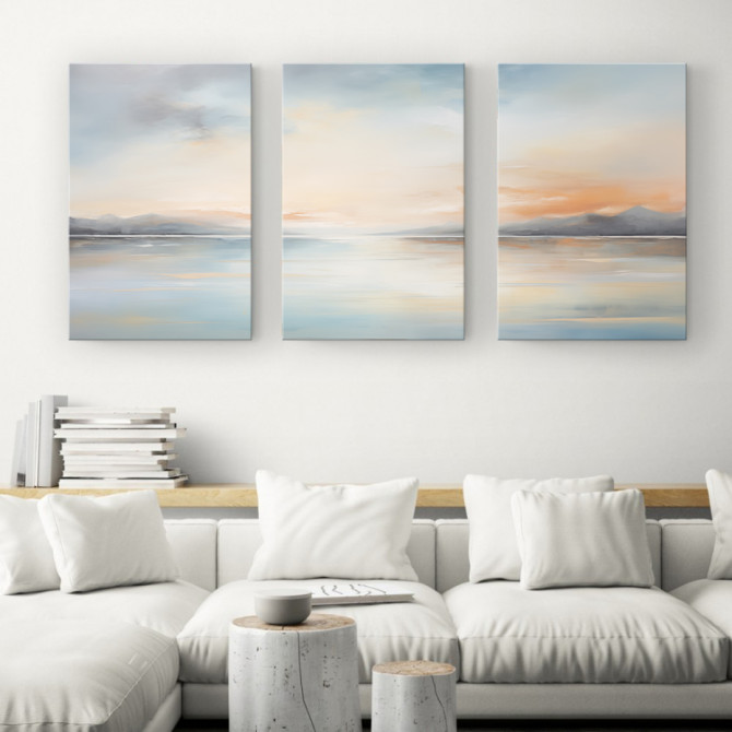 Tríptico decorativo con paisaje marino en tonos suaves azul, crema y naranja-Cuadrostock