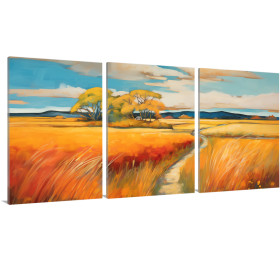 Tríptico decorativo con paisaje de campos amarillos y rojos bajo cielo azul-Cuadrostock