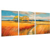 Tríptico decorativo con paisaje de campos amarillos y rojos bajo cielo azul-Cuadrostock