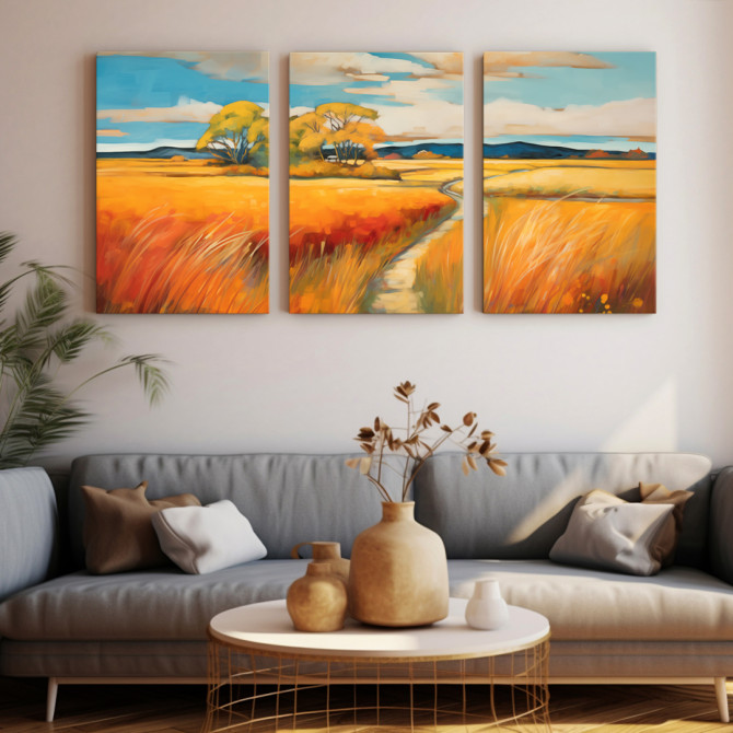 Tríptico decorativo con paisaje de campos amarillos y rojos bajo cielo azul-Cuadrostock